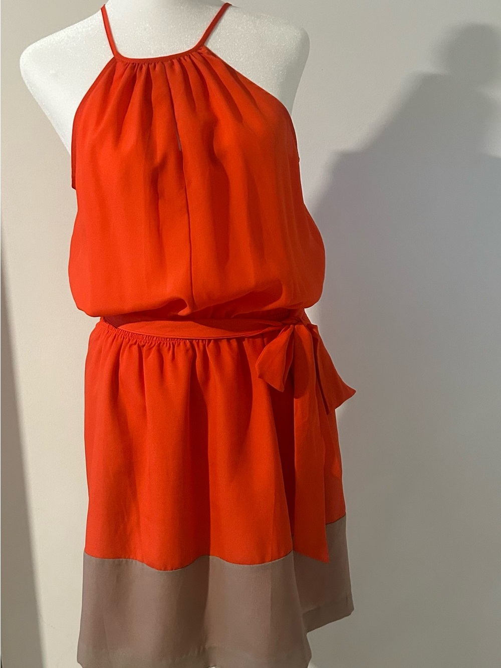 Silk Express Red Orange Halter Neck Dress with Taupe Hem